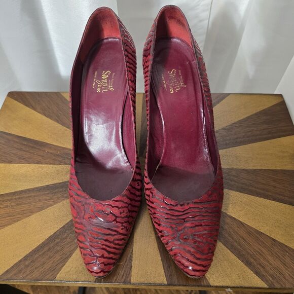 Smyth Bros Women 8.5N Textured Point Toe Leather Classic Pumps Red Italy Vintage - Picture 3 of 11